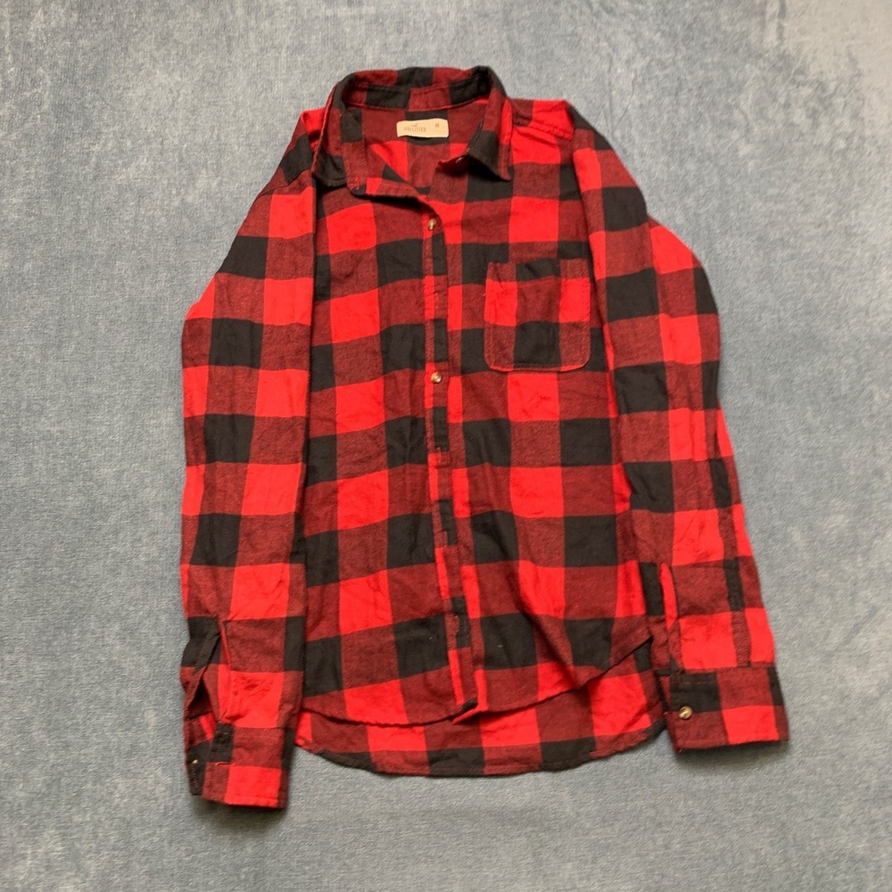 Hollister Flannel Shirt Womens Medium Black Red High Low Slit Casual Button Up